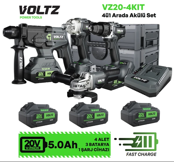 VOLTZ - 20 Volt 5 Amper - Akülü 4 Lü Set - Darbeli Matkap - Somun Sökme - Kırıcı Delici - Avuç Taşlama - (VZ20-4KIT) ürün görseli 1