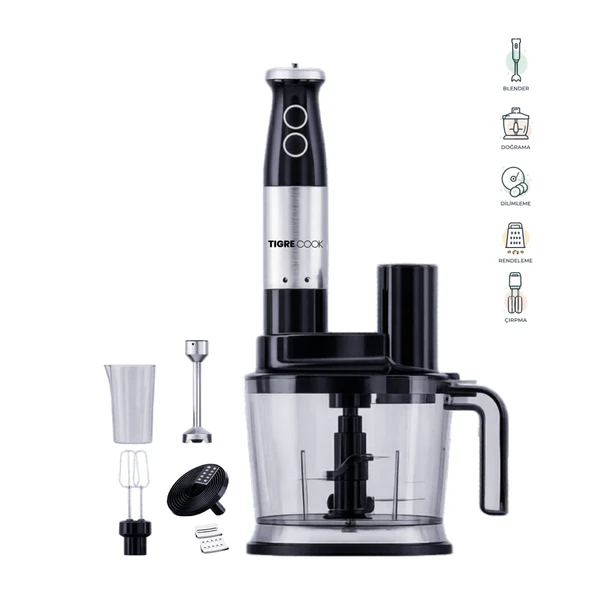 TIGRECOOK Mutfak Robotu – El Blenderı, Doğrayıcı, Rende ve Çırpıcı Seti 1800W ürün görseli 1