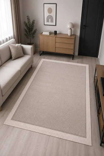 Sisal Görünümlü Bordürlü Baskılı Kaymaz Yıkanabilir Salon Oturma Odası Mutfak Balkon Halısı Yolluk 80 x 150 cm Bej ürün görseli 1