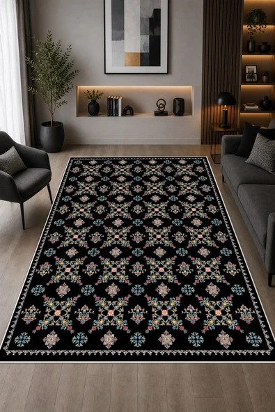 Etnik Çiçek Desenli Baskılı Kaymaz Yıkanabilir Salon Oturma Odası Mutfak Balkon Halısı Yolluk 200 x 300 cm Siyah ürün görseli 1