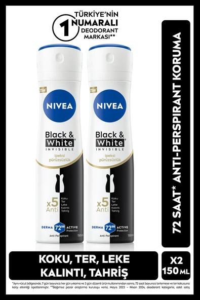 NIVEA Kadın Sprey Deodorant Black&White Invisible Ipeksi Pürüzsüzlük 150ml, 72 Saat Ter Koruması, X2 Adet ürün görseli 1