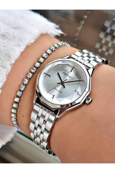 Ferrucci FERRUCCİ KESME CAMLI GÜMÜŞ METAL KADIN KOL SAATİ ürün görseli 1