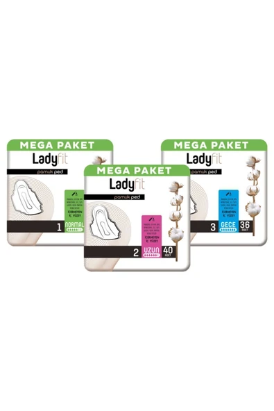 Lady Fit Ladyfit Pamuk Hijyenik Ped Normal 48'li Uzun 40'lı Gece 36'lı Mega Avantajlı Paket ürün görseli 1