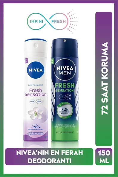 NIVEA Men Erkek Sprey Deodorant Fresh Sensation 150ml Ve Kadın Sprey Deodorant Fresh Sensation 150ml ürün görseli 1