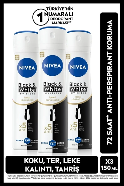 NIVEA Kadın Sprey Deodorant Black&White Invisible İpeksi Pürüzsüzlük 150ml, 72 Saat Ter Koruması, Alkolsüz ürün görseli 1