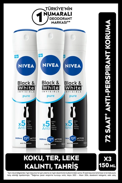 NIVEA Kadın Sprey Deodorant Black&White Invisible Pure 150ml, 72 Saat Ter Koruma, X3Adet,Banyo Lifi Hediye ürün görseli 1