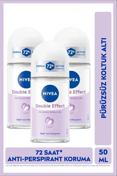 NIVEA Kadın Roll-on Deodorant Double Effect 50ml, Ter Kokusuna Karşı 48 Saat Koruma, X3 Adet ürün görseli 1