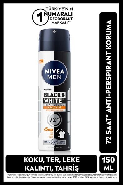 NIVEA Men Black White Invisible Güçlü Etki Erkek Deodorant Sprey 150 ml ürün görseli 1