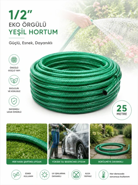 Beylini 1/2" 25 Metre Örgülü Bahçe Hortumu Balkon Bahçe Sulama Temizlik Araç Yıkama Su Hortumu Dolanmaz Kırılmaz Yeşil ürün görseli 1