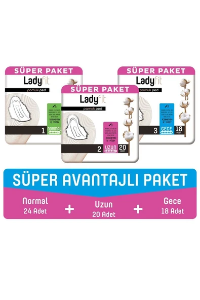 Lady Fit Ladyfit Pamuk Ped Süper Avantajlı Paket (normal 24 Adet + Uzun 20 Adet + Gece 18 Adet) ürün görseli 1