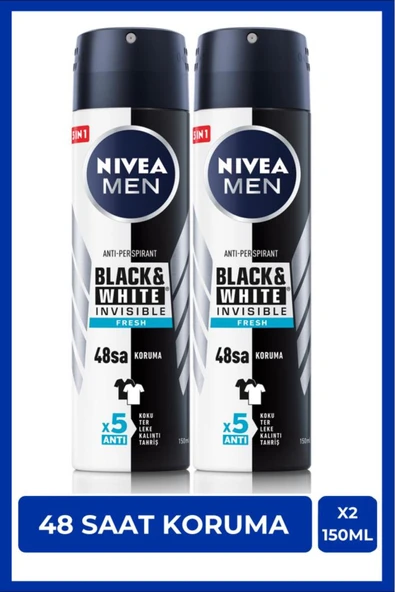 NIVEA Men Erkek Sprey Deodorant Black&white Invisible Fresh 150ml, 48 Saat Anti-perspirant Koruma, X2 Adet ürün görseli 1