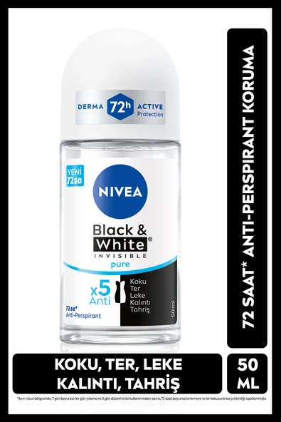 NIVEA Kadın Roll-on Deodorant Black&White Pure 50ml, 72 Saat Anti-perspirant Ter Koruması, Alkolsüz ürün görseli 1
