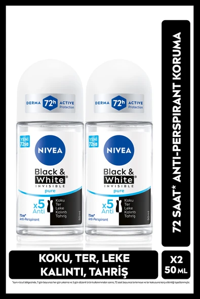 NIVEA Kadın Roll-on Deodorant Black&White Invisible Pure 50ml, 72 Saat Anti-perspirant Ter Koruma, X2 Adet ürün görseli 1