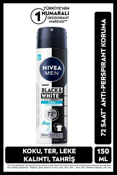 NIVEA MEN Erkek Sprey Deodorant Black&white Invisible Fresh 150ml, 72 Saat Anti-Perspirant Ter Koruması ürün görseli 1