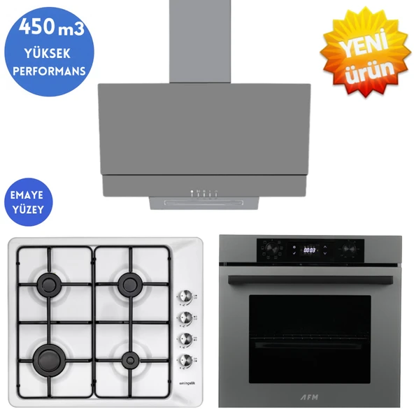 Eminçelik ve AFM TECH Marka/ Plux Antrasit-Gri  Ankastre Set (31 221  Beyaz Emaye +FM7710 + FM3407)