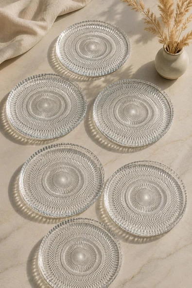 6'lı Cam Pasta ve Tatlı Servis Tabağı Seti 16 cm Desenli Şeffaf Sunum Tabağı ürün görseli 1