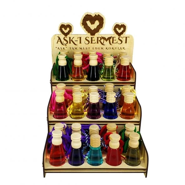 Aşk-ı Sermest Toptan Beyaz Ahşap Standlı 120 Adet 12 ML Aşk'ın Şarabı Kokulu Oto Kokusu Araç Araba Parfümü ürün görseli 1