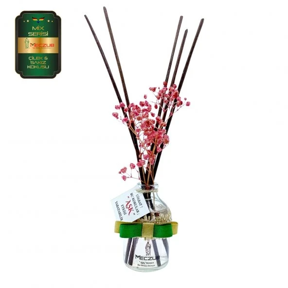 Aşk-ı Sermest Toptan Meczub Mix Serisi Çilek & Sakız Kokulu 10 x 50 ml Oval Şişe Bambu Çubuklu Ortam Kokusu Reed Diffuser Oda Kokusu ürün görseli 1