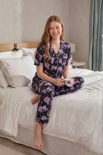 Mecit 6353 Lacivert Çiçekli Boydan Düğmeli Kadın Pijama Takımı ürün görseli 1