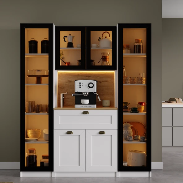 Nero Duo Kahve Köşesi ve Kiler Dolabı Alüminyum Çerçeveli Cam Kapaklı LED Aydınlatmalı 190 x 160 cm ürün görseli 1