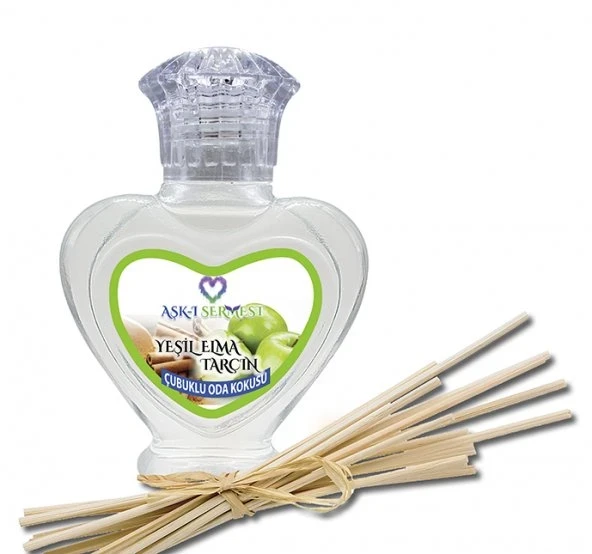 Aşk-ı Sermest Toptan Yeşil Elma Aromalı Bambu Çubuklu Oda Kokusu Reed Diffuser Ortam Kokusu Parfüm, Kalp Şişe, 60 mL, 10 Adet ürün görseli 1
