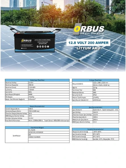 ORBUS 12,8V VOLT 200 AhAMPER LİTYUM AKÜ EBATLAR: 522X240X218mm ürün görseli 1