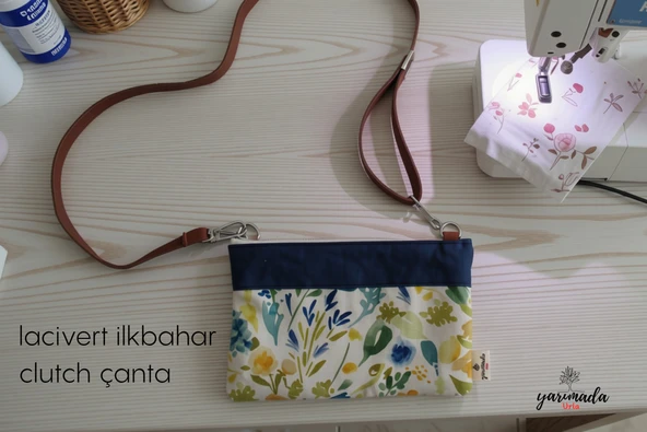 Yarımada Urla Lacivert CLUTCH  İlkbahar Keten Kadın El Çantası Deri Askılı ürün görseli 1