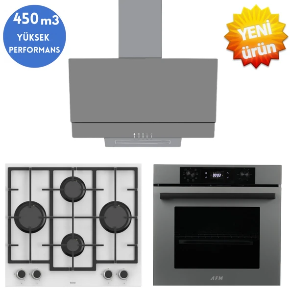 AFM tech ve Ferre  Marka/ ENUW  Antrasit-Gri Turbo Cam Ankastre Set  (LN386 Beyaz + FM7710 + FM3407) ürün görseli 1