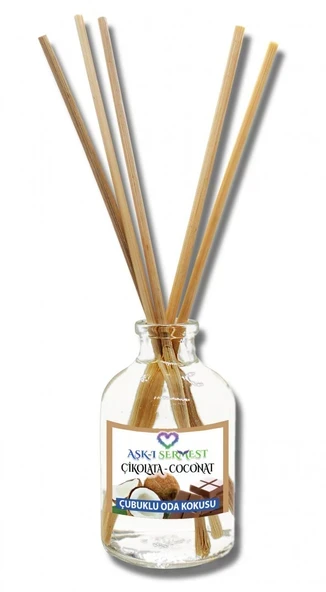 Aşk-ı Sermest Toptan Çikolata&Coconut Aromalı Bambu Çubuklu Oda Kokusu Reed Diffuser Ortam Kokusu Parfüm, Oval Şişe, 50 mL , 10 Adet ürün görseli 1