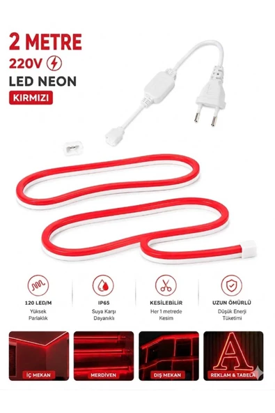 Ookayled 220v neon led 2 metre kırmızı fiş ile birlikte ürün görseli 1