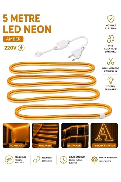 Ookayled 220V AMBER NEON LED 5 METRE HALİNDE FİŞ İLE BİRLİKTE ürün görseli 1