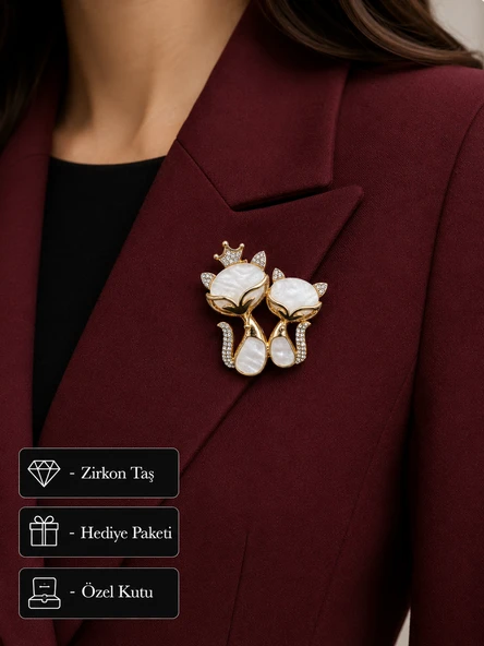 Altın Kaplama Premium Sedefli İkili Kedi Broş - Özel Gün Hediyesi ürün görseli 1