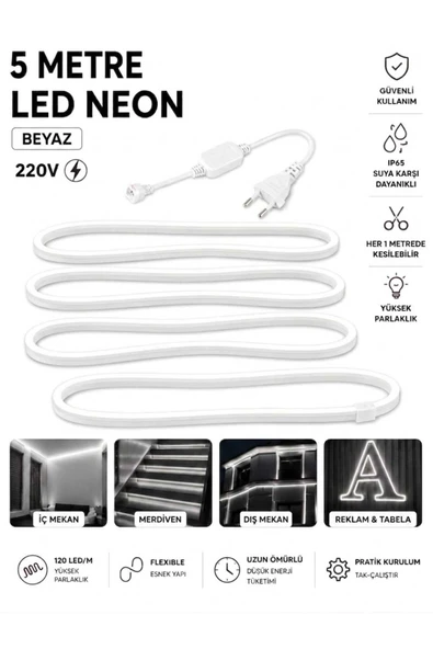 Ookayled 220V BEYAZ NEON LED 5 METRE HALİNDE FİŞ İLE BİRLİKTE ürün görseli 1