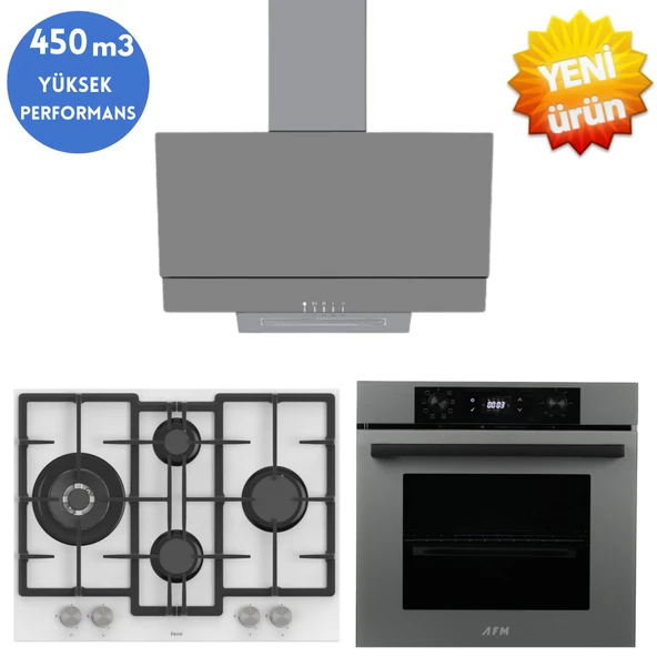 AFM tech ve Ferre Marka/ EDW Antrasit-Gri Ankastre Set ( ED076 -WFA 1'WOK Beyaz + FM3407 + FM7710 ) ürün görseli 1