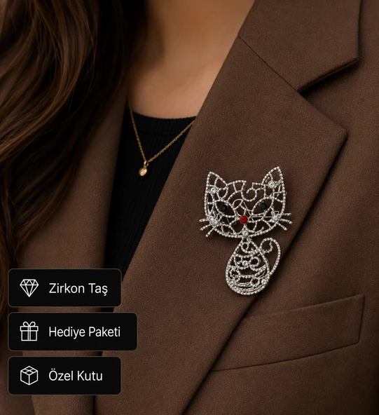 Zirkon Taşlı Kedi Figürlü Gümüş Kaplama Kadın Broş - Şık Hediye ürün görseli 1