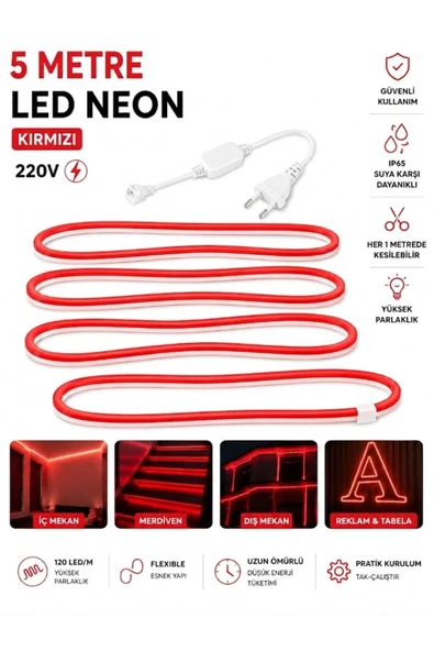 Ookayled 220V NEON LED 5 METRE KIRMIZI FİŞ İLE BİRLİKTE ürün görseli 1