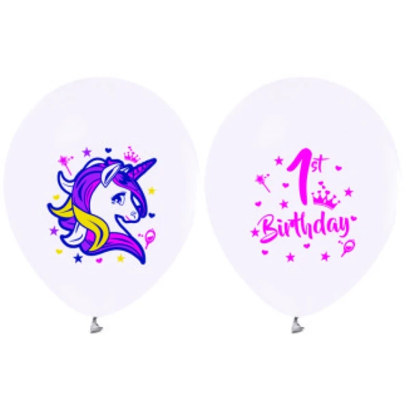 Balon Baskılı Lisanslı 12 inç 4+1 Unıcorn 1 Yaş Beyaz 10'li ürün görseli 1