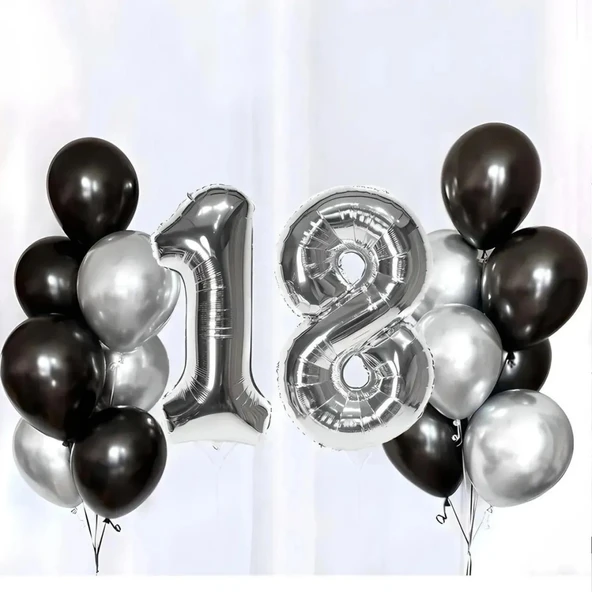 18 Yaş Doğum Günü Partisi Siyah Gümüş Folyo Helyum Balon Seti Erkek 18 Yaş Partisi ürün görseli 1