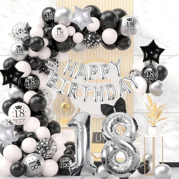 18. Yaş Doğum Günü Dekorasyonu, Balon, Çelenk, Siyah, Beyaz, Gümüş ürün görseli 1