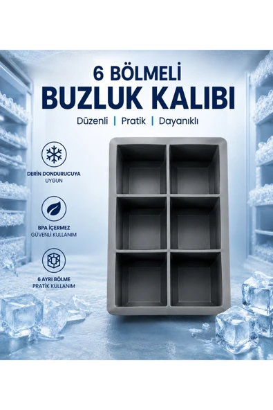 Büyük Boy 6'lı Silikon Küp Buz Kalıbı – Dev Buz Küpleri İçin Esnek ve Dayanıklı Buz Yapma Kalıbı – İçecek, Kokteyl ve Viski Buzu FÜME ürün görseli 1