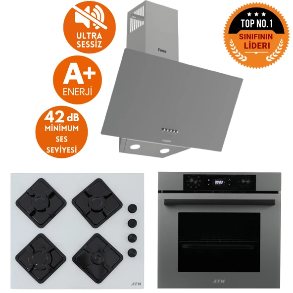 AFM tech ve Ferre Marka/Lure Sessiz Antrasit-Beyaz Ankastre Set Gri  (D088-SA+ FM7710+ FM BD 2201) ürün görseli 1
