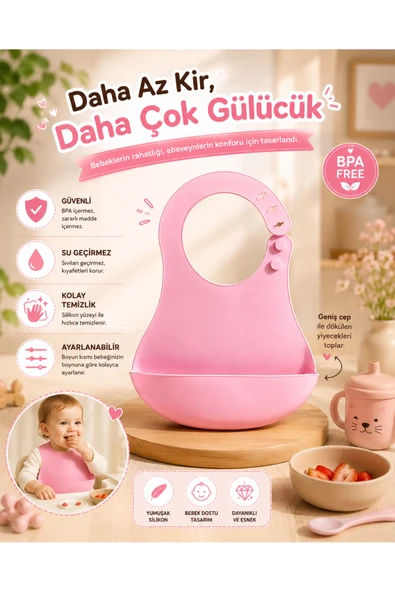 Silikon Mama Önlüğü Su Geçirmez Ayarlanabilir Bebek Önlüğü BPA İçermeyen Geniş Cepli Beslenme Önlüğü Pembe ürün görseli 1