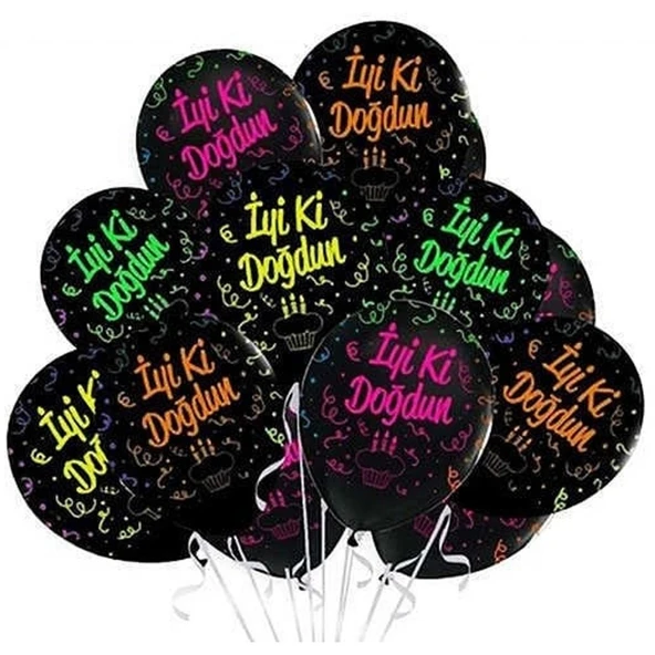 İyi Ki Doğdun Renkli Baskılı Siyah Lateks Balon 12 inç (25x30 cm) 10’lu Paket ürün görseli 1