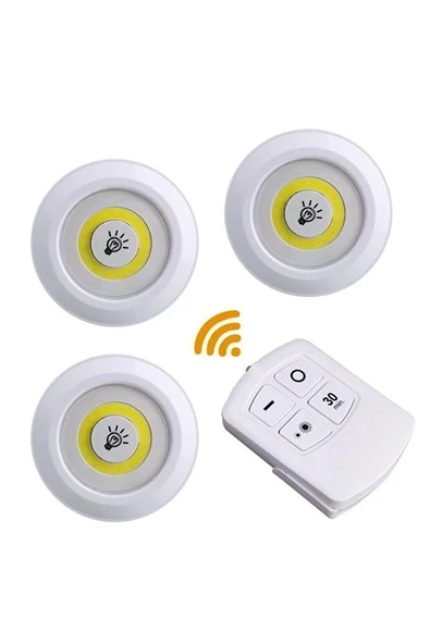 Led Işık Kablosuz Uzaktan Kumandalı Dolap Içi Led Ampul Seti 3lü Set Gece Lambası Spot Lamba ürün görseli 1