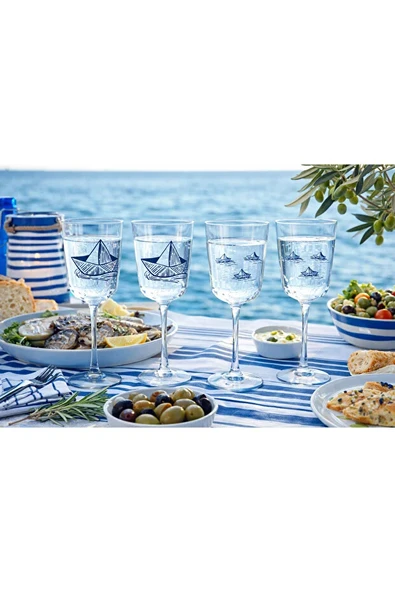 Marin Desenli Cam Su Kadehi 4’lü Set,  Yelkenli Motif, 280 ml ürün görseli 1