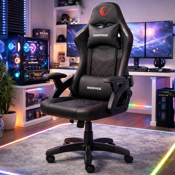 Rampage Nox Bel ve Boyun Destekli Carbon Deri Siyah/kırmızı Oyuncu Koltuğu KL-R43 ürün görseli 1