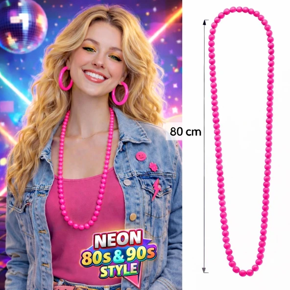 Neon Pembe Boncuk Kolye 80 cm – Retro 80’ler 90’lar Parti Aksesuarı ürün görseli 1