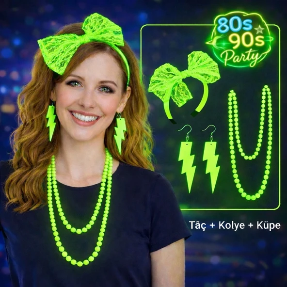 80’ler 90’lar Neon Yeşil Parti Seti – Kolye Küpe Taç ürün görseli 1