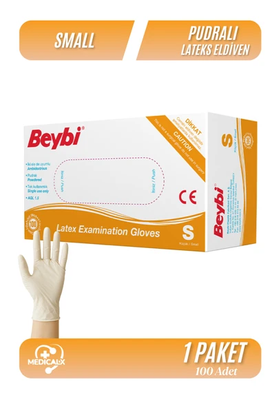 Beybi Lateks Pudralı Small Beden Muayene Eldiven 100lü Paket ürün görseli 1
