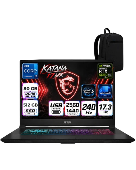 Msı Katana 17 Hx Intel I7-14650HX 80 GB DDR5 512 GB SSD 8GB/RTX5060 115W 17.3'' Qhd (2560*1440), 240Hz IPS Windows 11 Pro Taşınabilir Bilgisayar B14WFKRNP25 ürün görseli 1